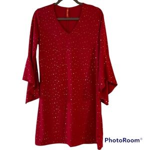 Paolino Red Gold Sparkle Dress with Flared Sleeve NWOT Woman’s Juniors